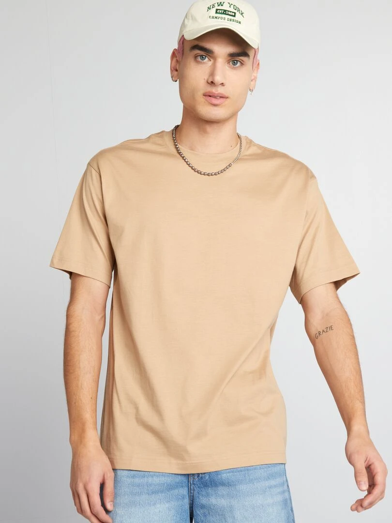 T shirt uni à col rond   Beige