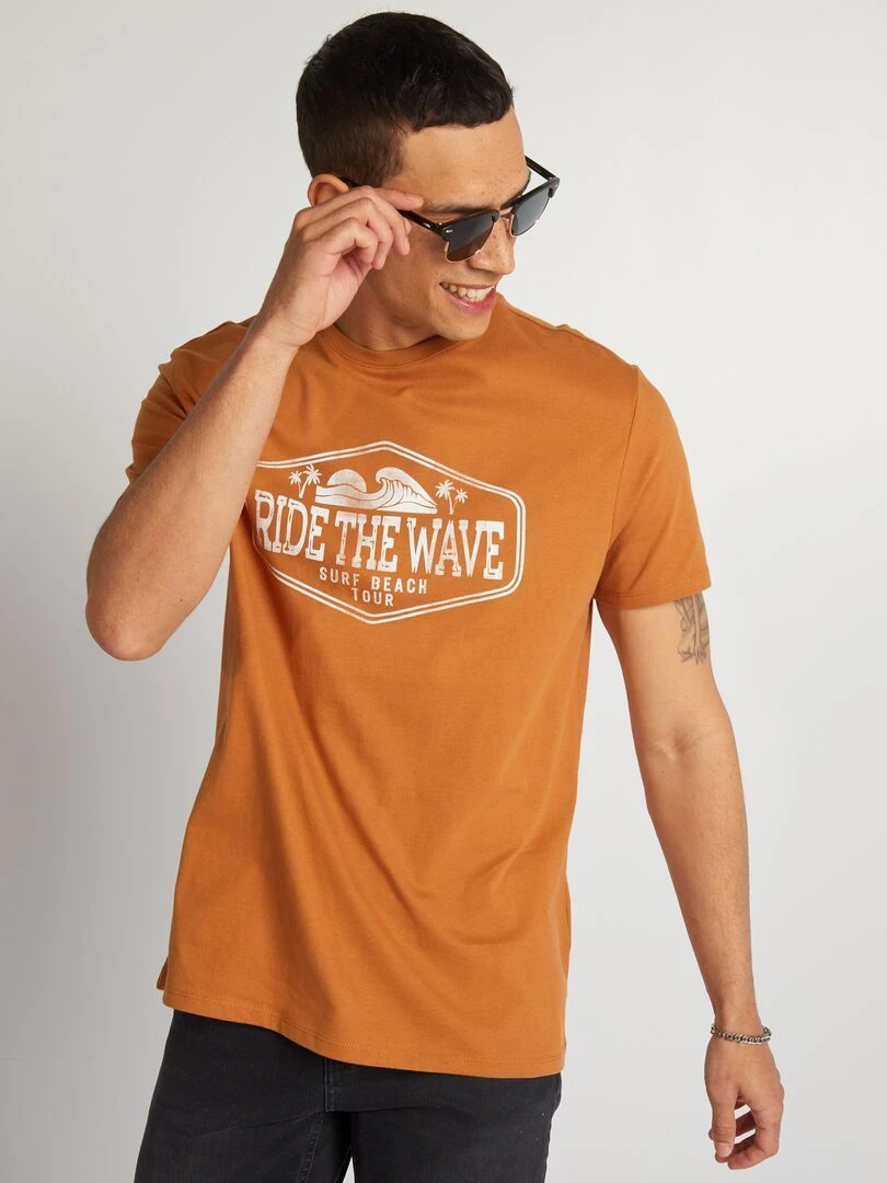 T shirt en coton imprimé à col rond Marron
