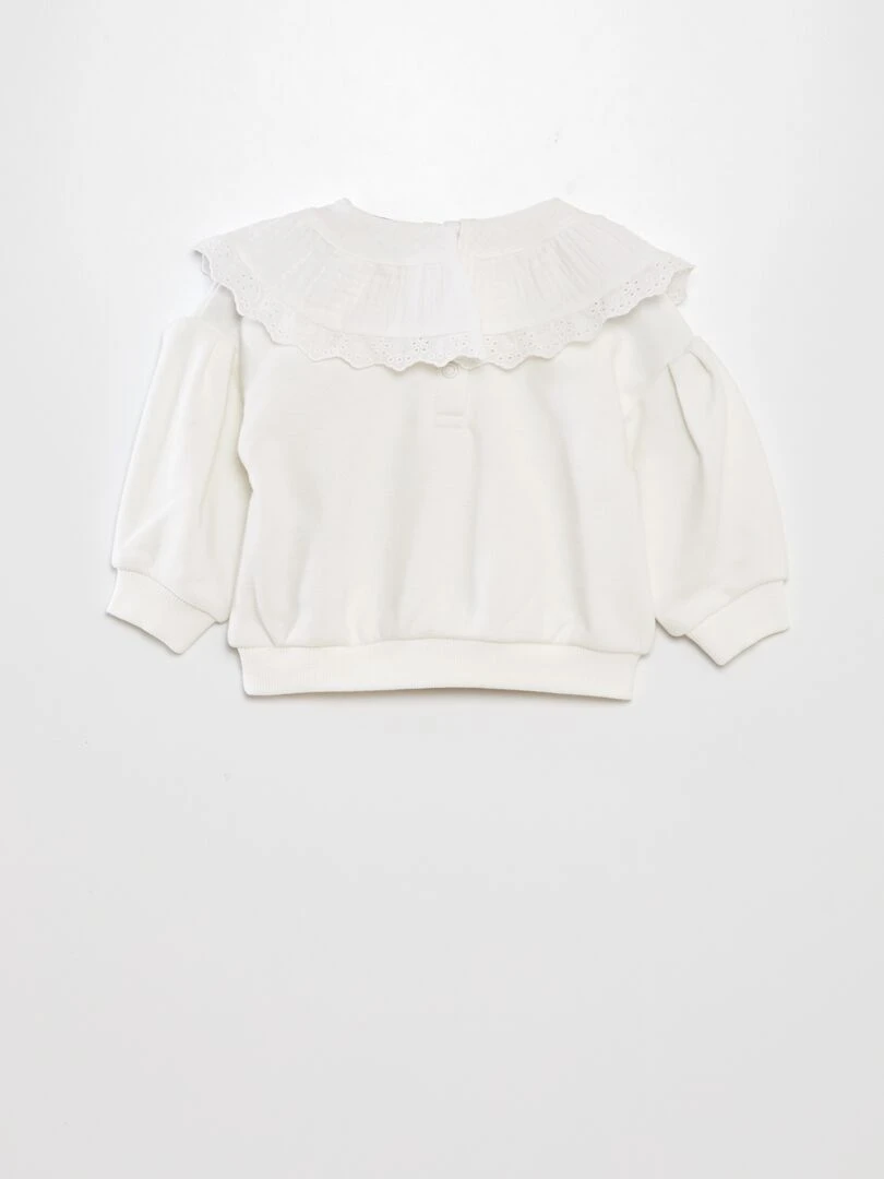 Sweat avec large col en gaze de coton + broderies Blanc neige