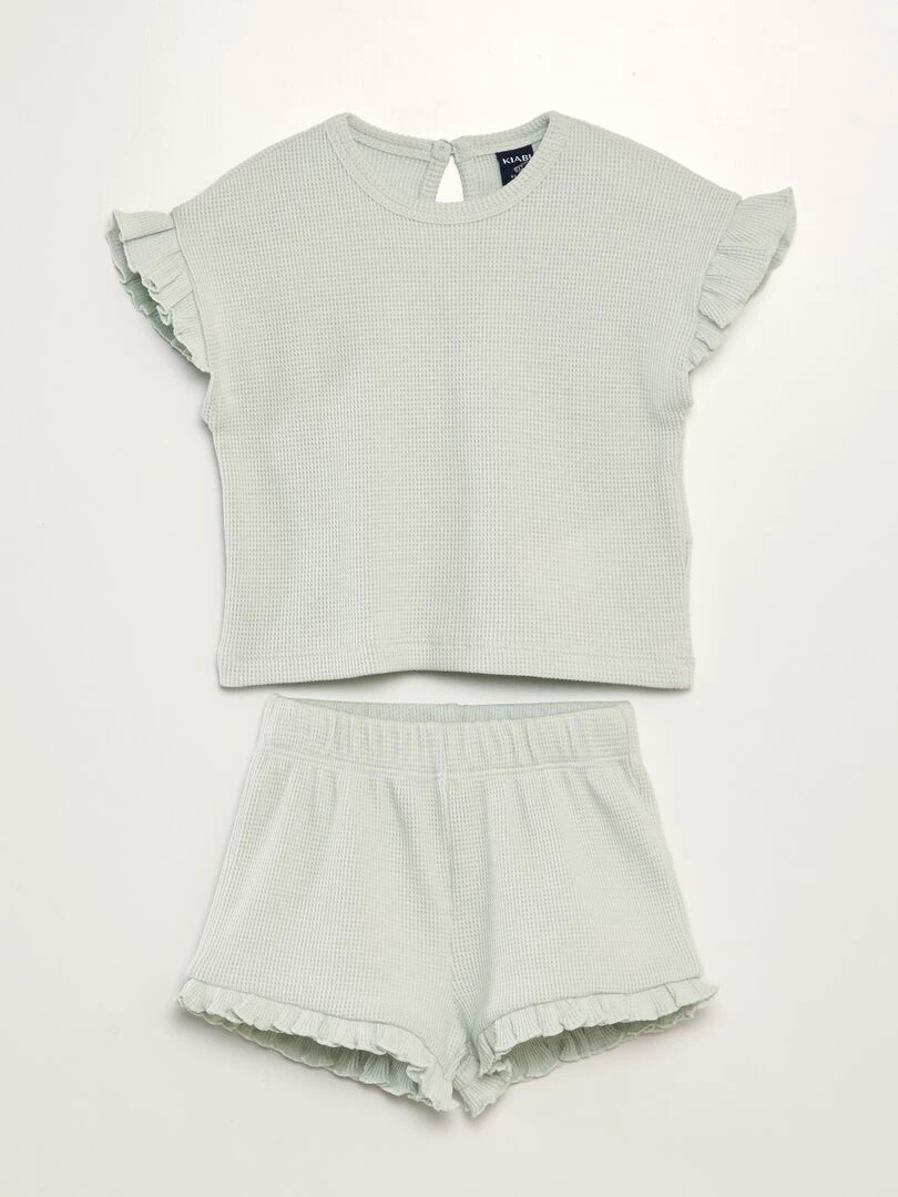 Ensemble t shirt + short en maille gaufrée 2 pièces Bleu