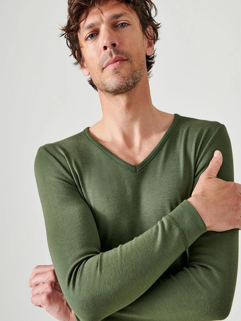 T shirt col V maille interlock Thermolactyl Damart Kaki