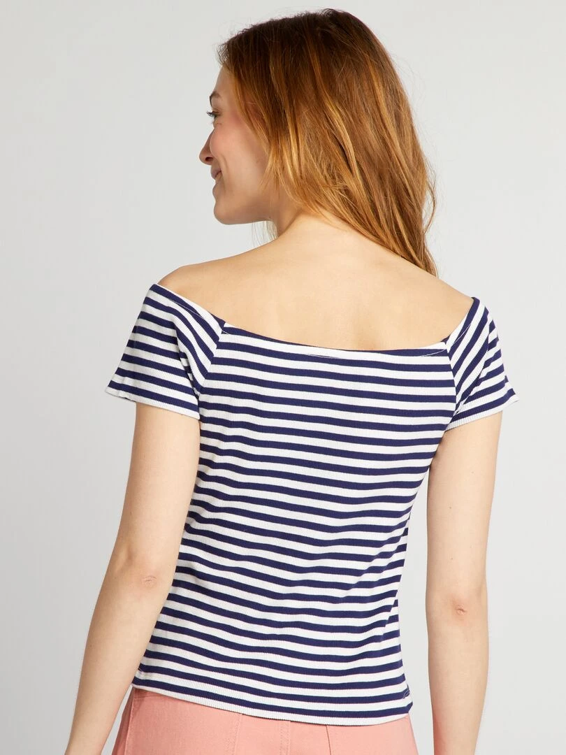 T shirt bardot en maille cotelée   Bleu rayé