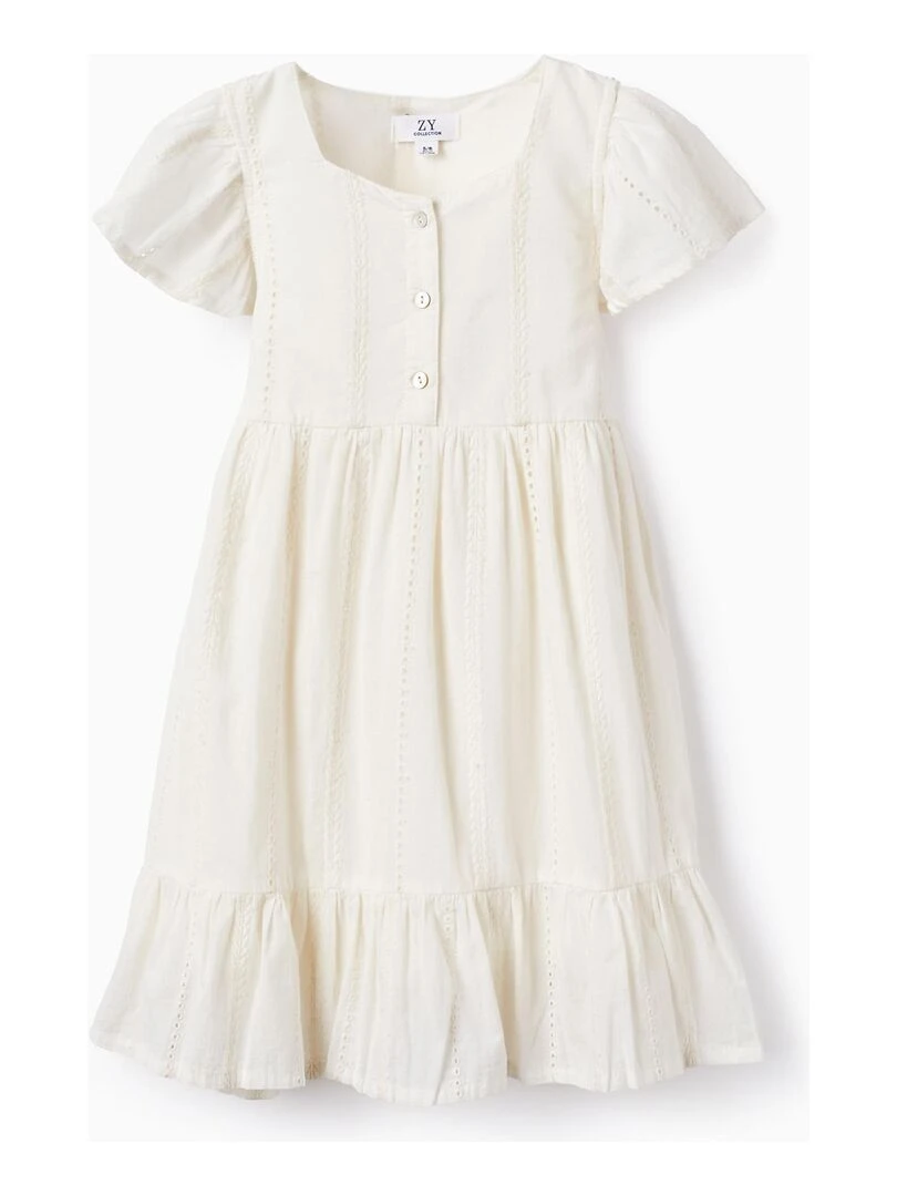 Robe En Coton Avec Broderies Pour Fille manches courtes Blanc