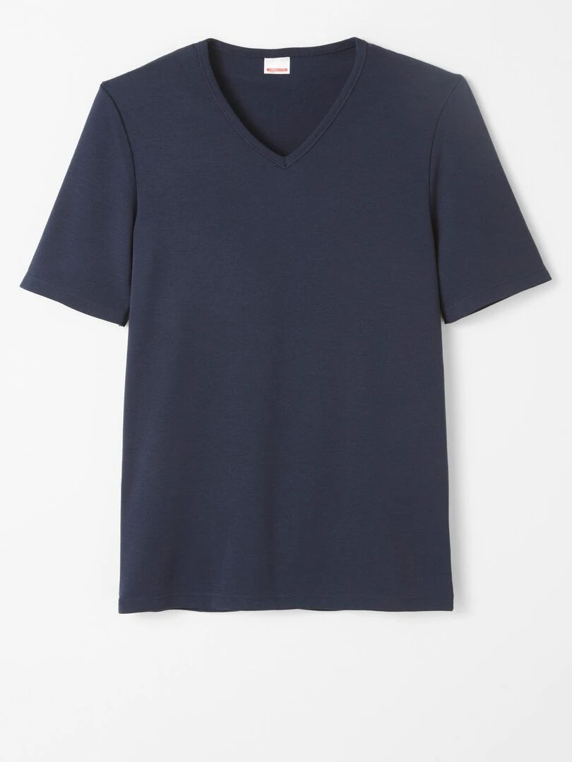 T shirt col V manches courtes maille classique Thermolactyl Damart Bleu marine