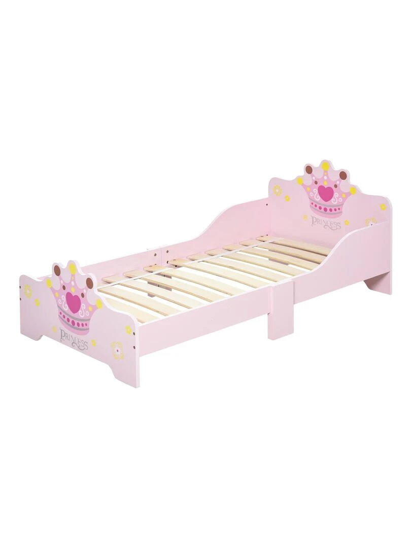Lit d'enfant design princesse motif couronne sommier à lattes inclus MDF contre plaqué rose Rose