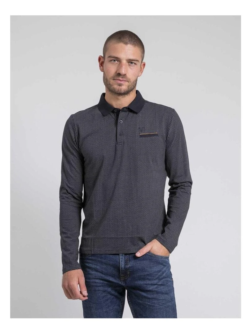 Polo manches longues motifs pur coton POXERO Bleu marine