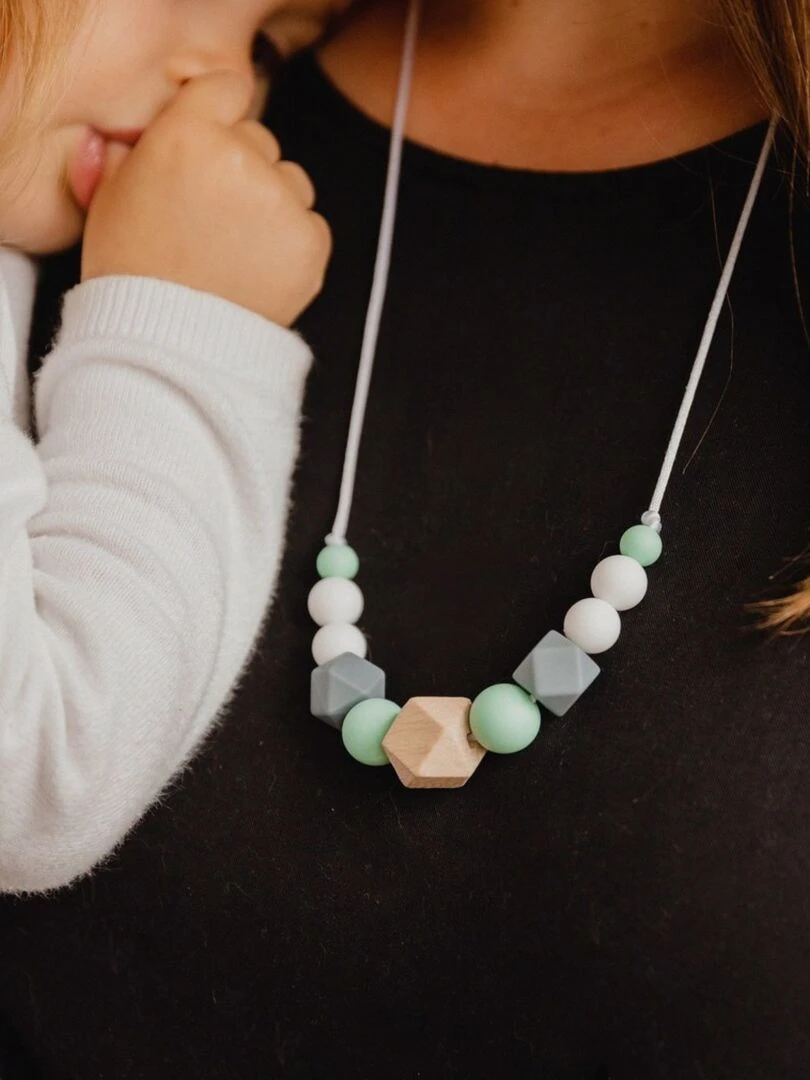 Collier d'allaitement ou de portage silicone et bois 'Mint & grey' Vert d'eau