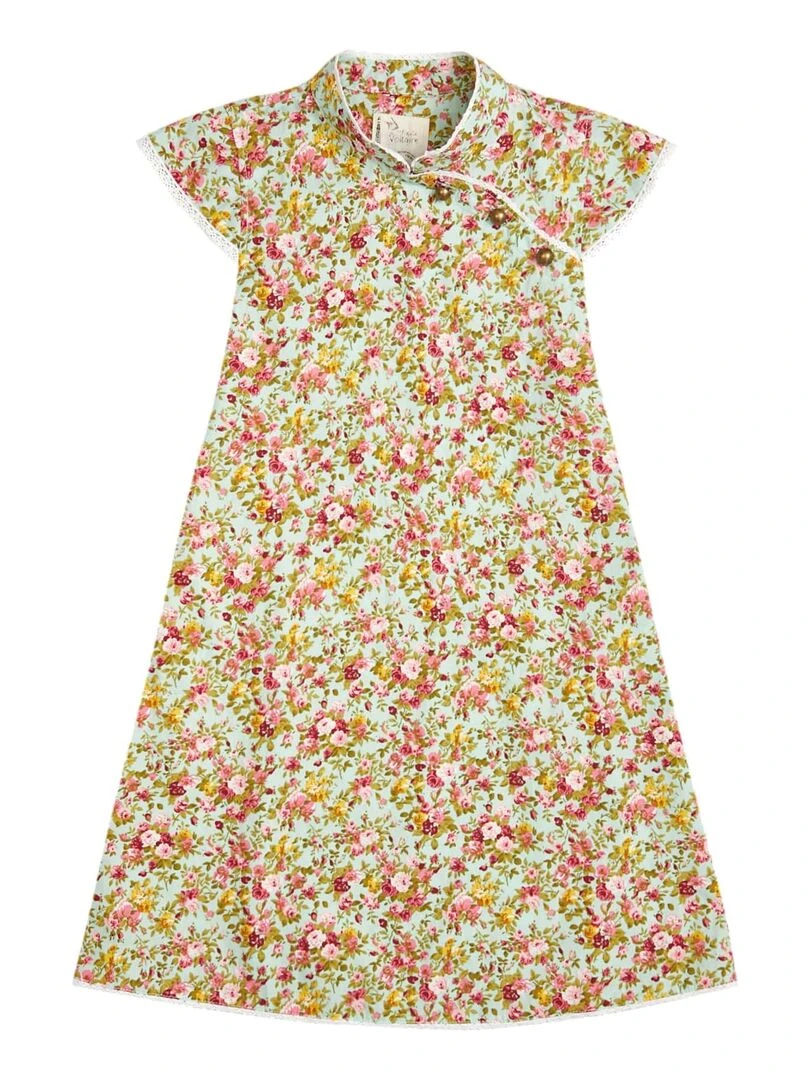 Robe Chinoise Fleurie Verte Fille col Mao ANNAM 'LA FAUTE A VOLTAIRE' Vert d'eau