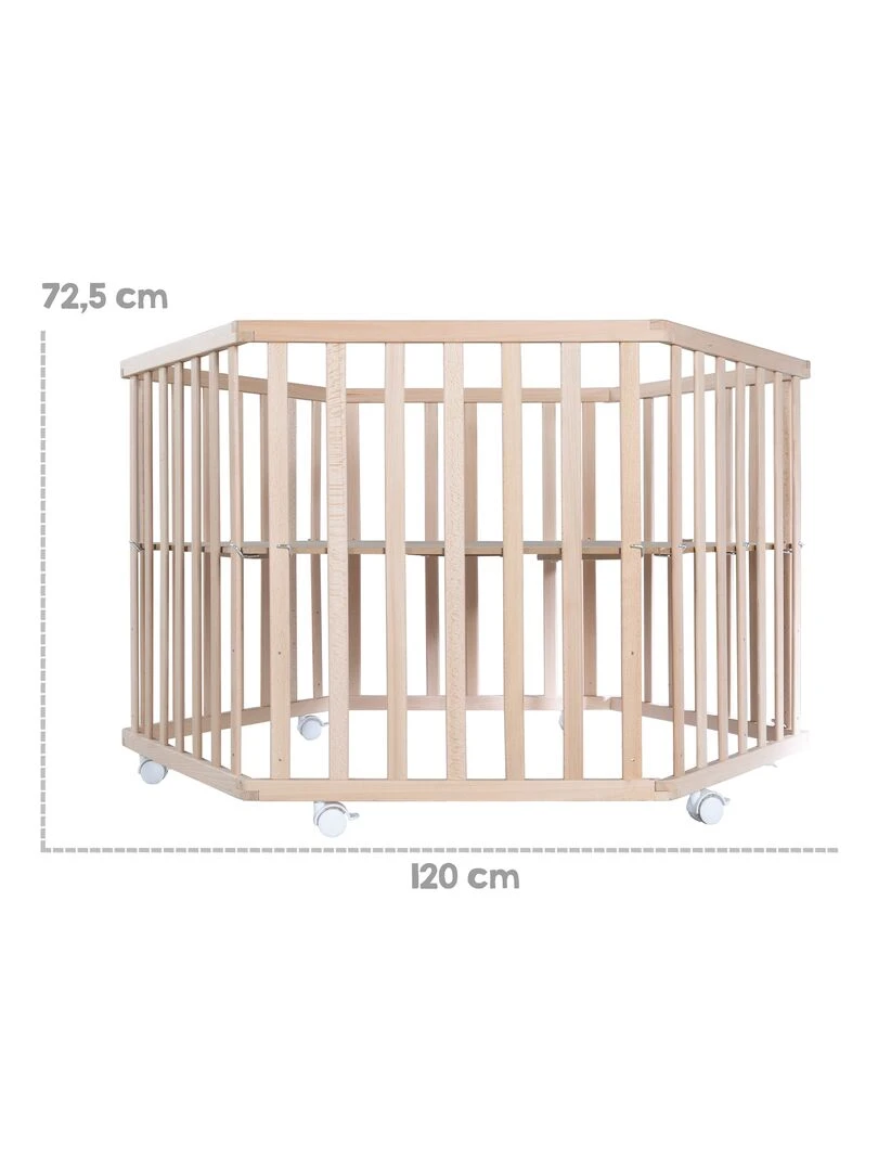 ROBA Parc Bébé Hexagonal en Bois "Liebhabear" + Tapis de Parc et Roues à Freins   Blanc   Marron