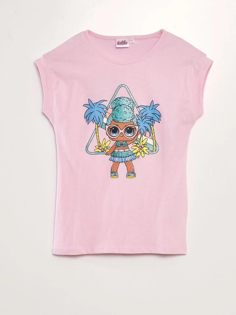 T shirt fantaisie à paillettes 'Lol' Rose