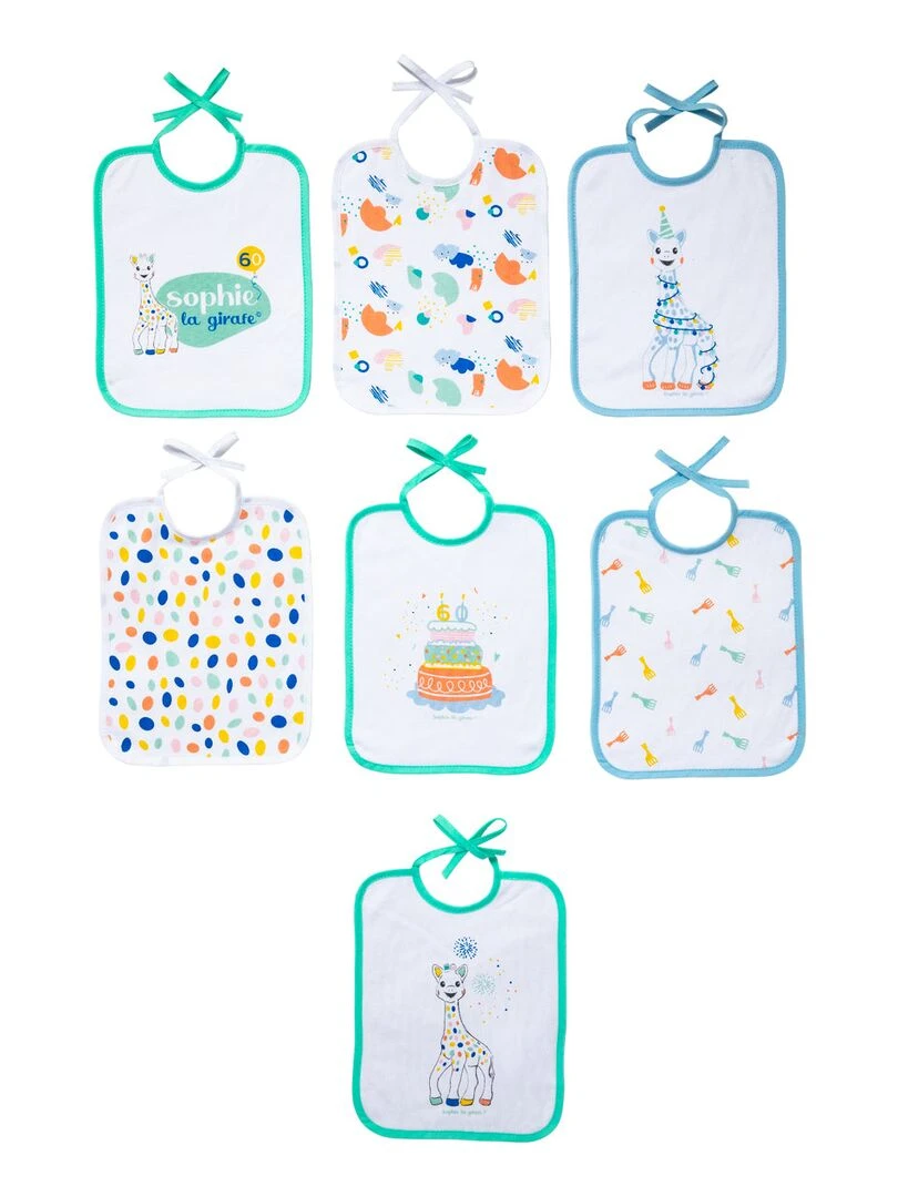 Lot de 7 bavoirs naissance à lacets Sophie la Girafe Edition Anniversaire Bleu