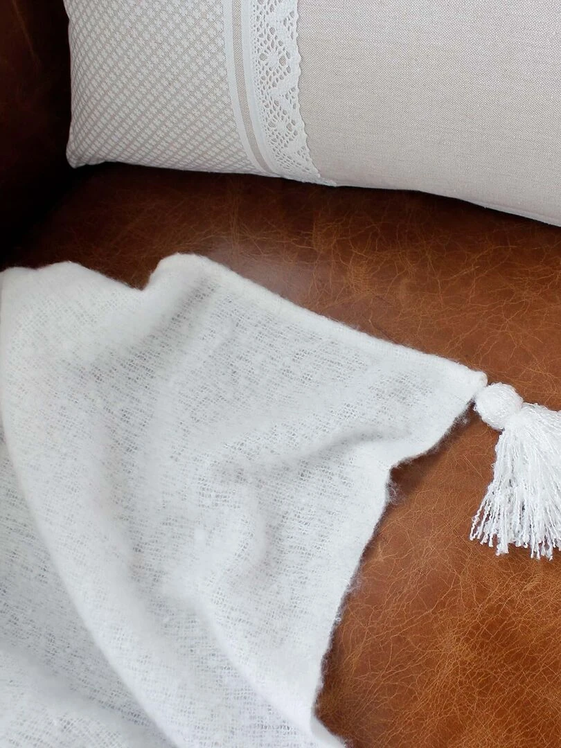 Plaid à pompons aspect mohair Ecru