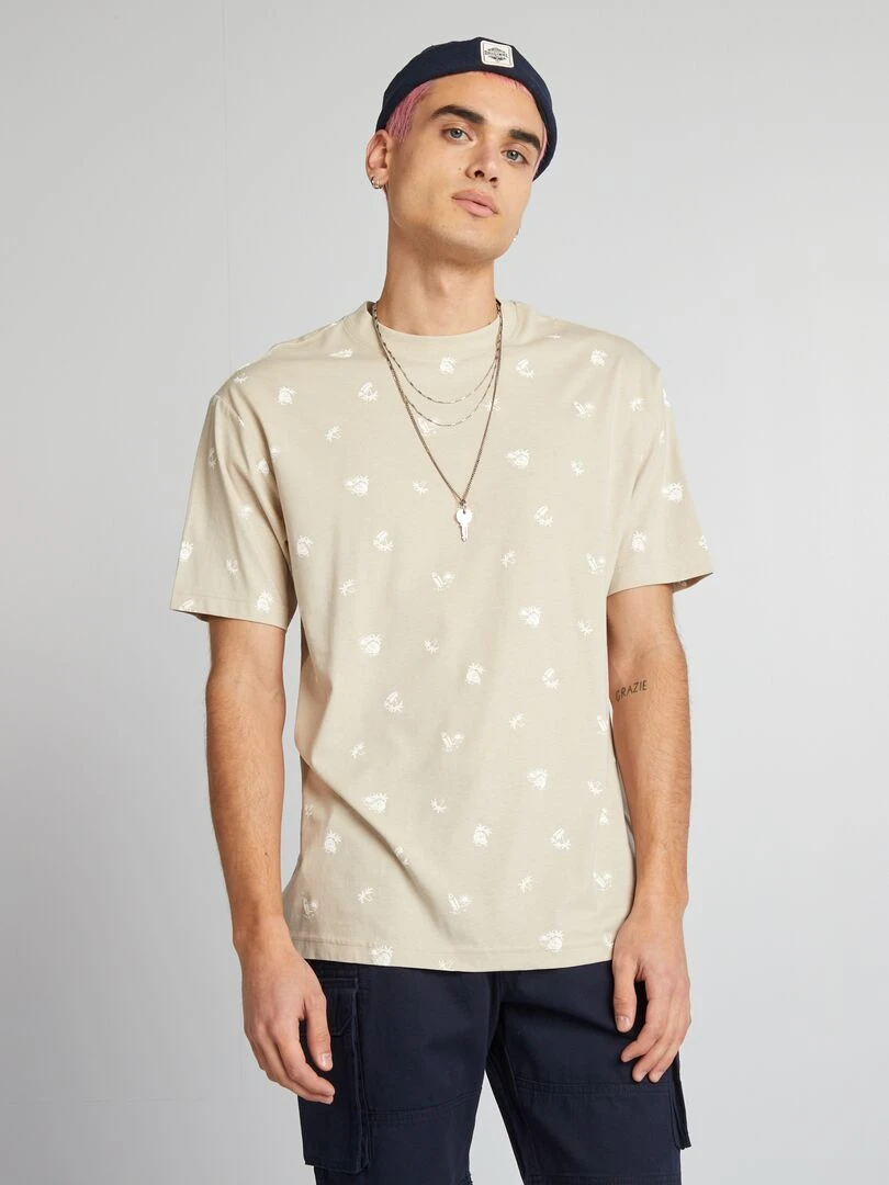 T shirt à col rond avec imprimé Biege