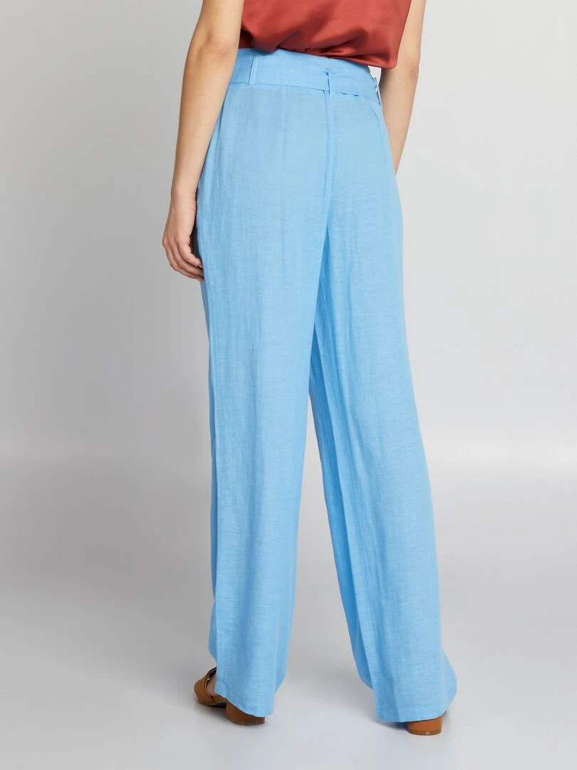 Pantalon large taille haute en lin   Bleu