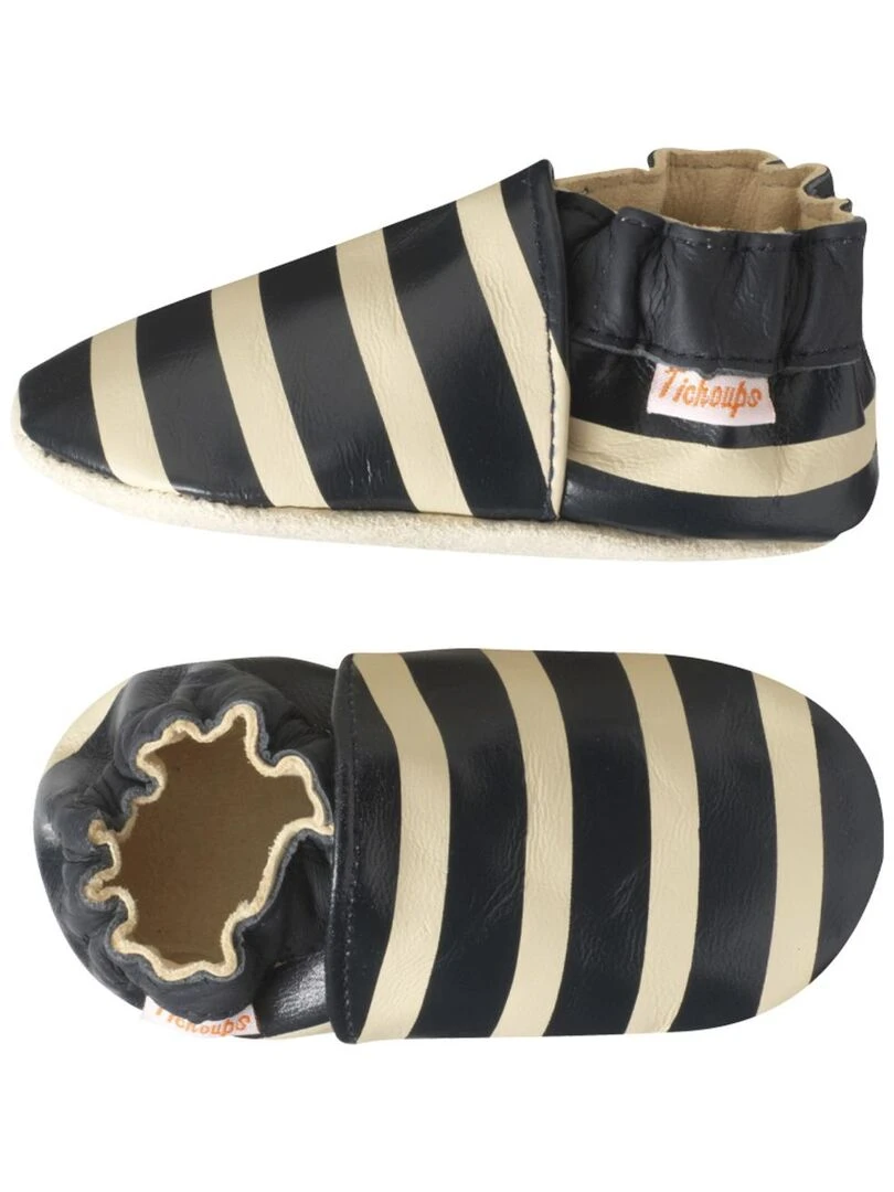 Chaussons bébé cuir souple Marcel rayé marine Bleu Bleu
