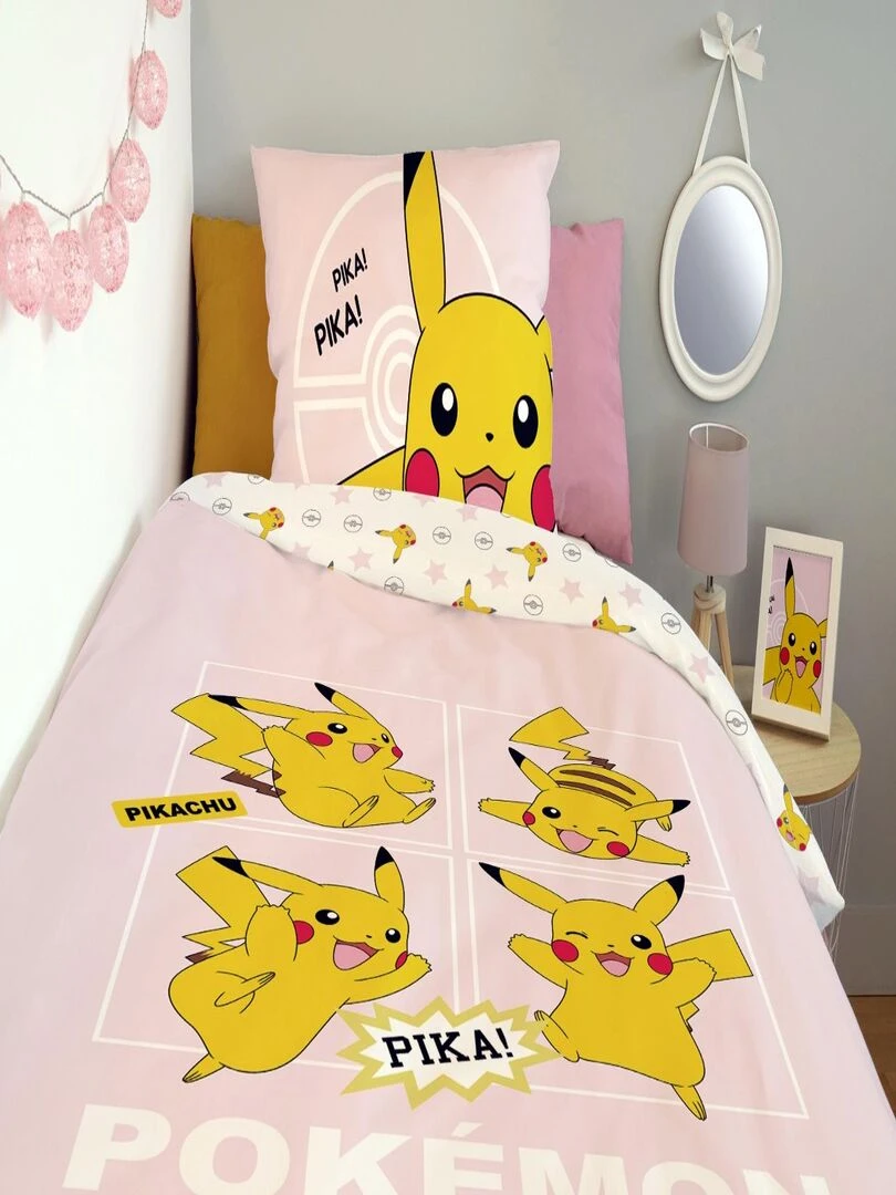 Housse de couette Pikachu Pokémon 140x200 cm   100% Coton   Rose Pale   Rose