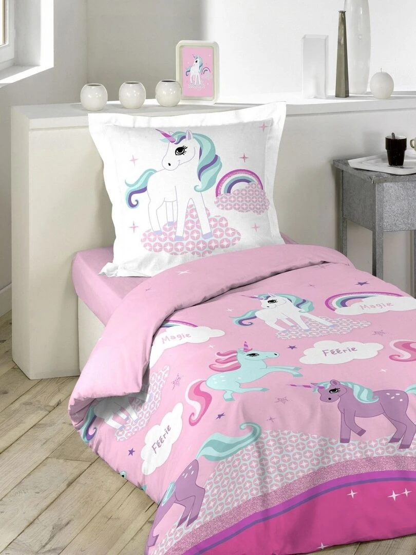 Parure housse de couette Licorne Rose