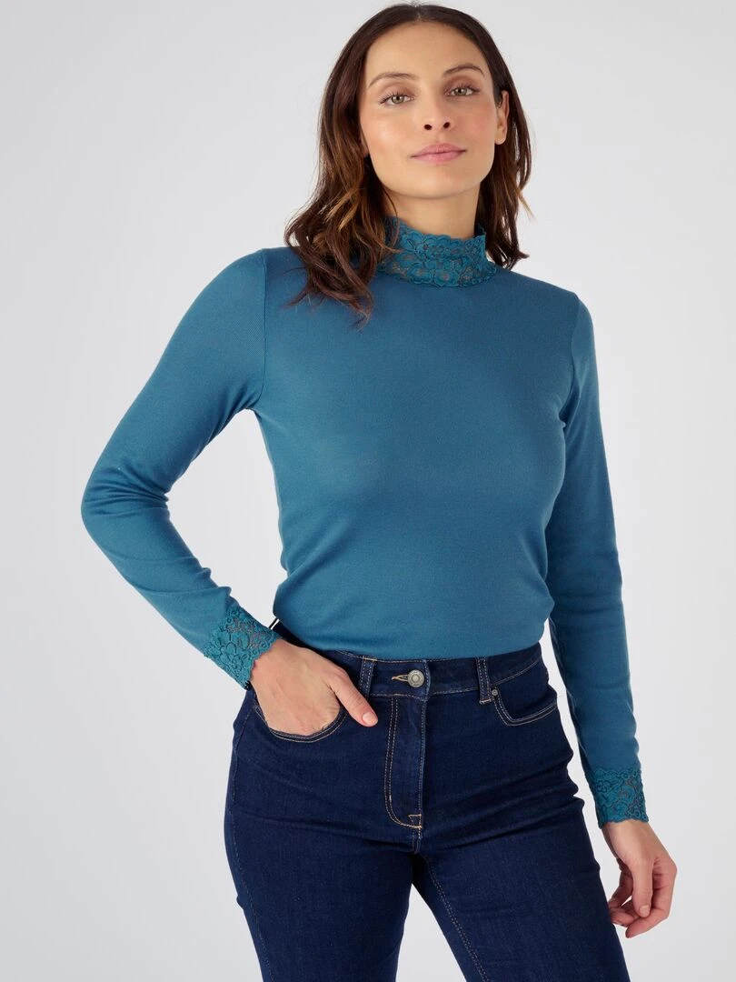 T shirt manches longues fine côte Thermolactyl Damart Bleu pétrole