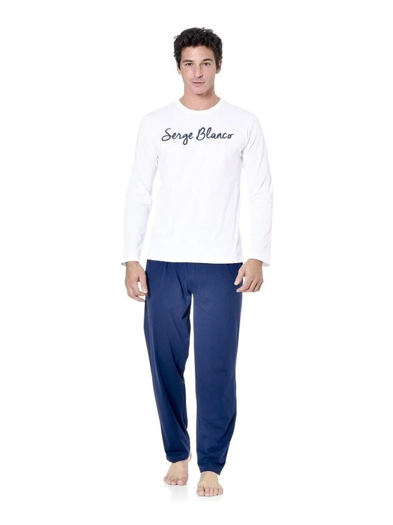 Ensemble pyjama long homme t shirt col rond bicolore Serge Blanco Bleu