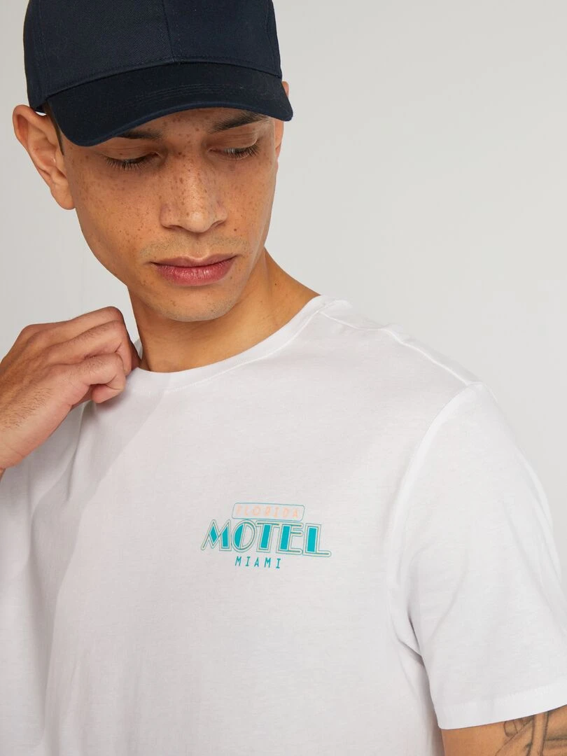 T shirt en coton imprimé à col rond Blanc 'motel'