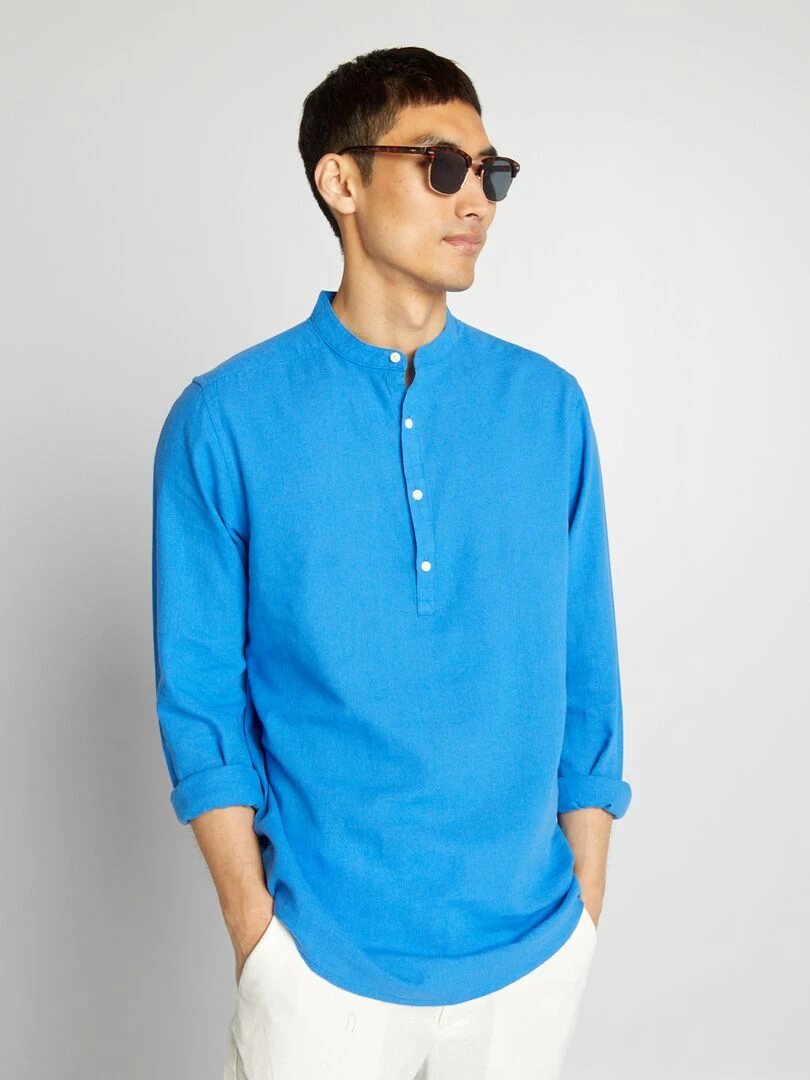 Chemise droite à col mao en lin mélangé Bleu