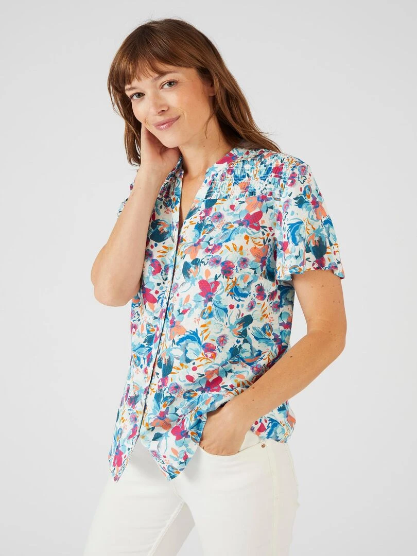Chemisier à smocks Climatyl Damart Blanc Ecru