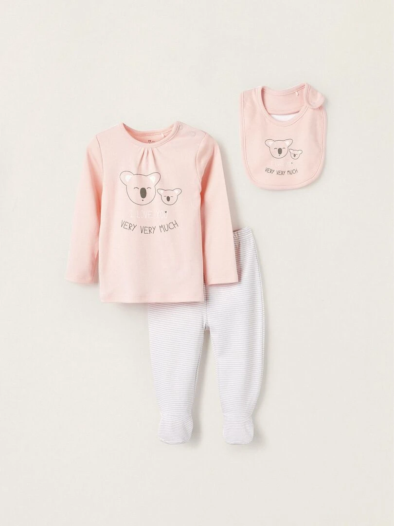 Bavoir + T shirt + Pantalon pour Bébé Fille 'I Love You' LITTLE LOVE NOTES Rose