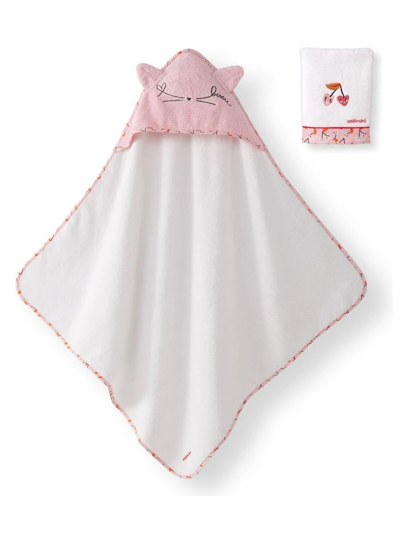 Serviette de bain 80x80 cm + Gant 15x21 cm blanc et rose 100% Coton Rose