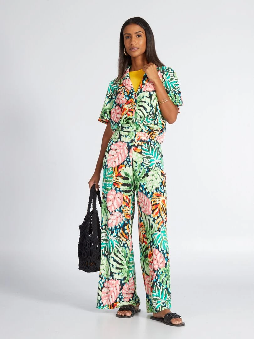 Chemisier col pyjama et imprimé tropical   Vert tropical
