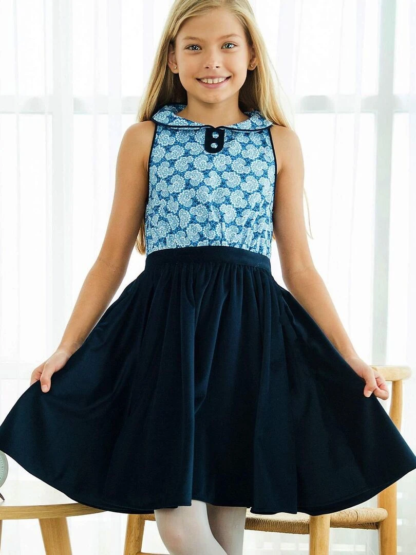 Robe Qui Tourne Fille Marine Fleurie Liberty HEPBURN 'LA FAUTE A VOLTAIRE' Bleu marine