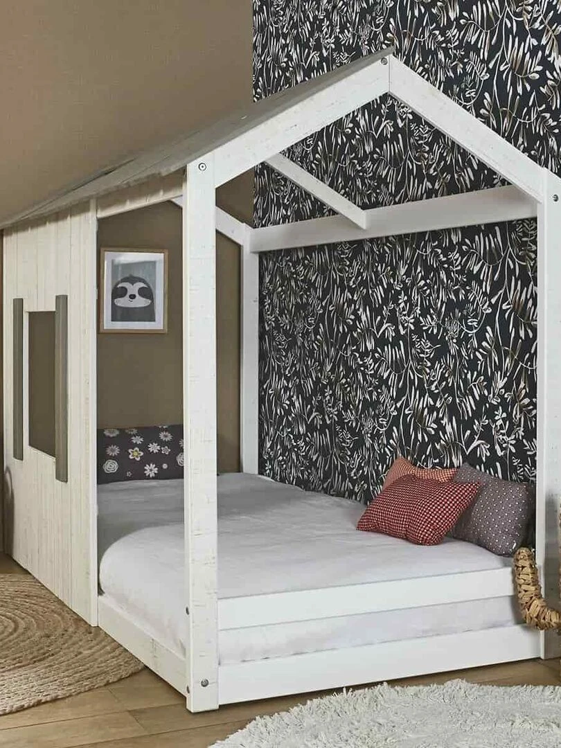 Lit cabane avec matelas Koh   AKITEN RETAIL   Blanc Gris