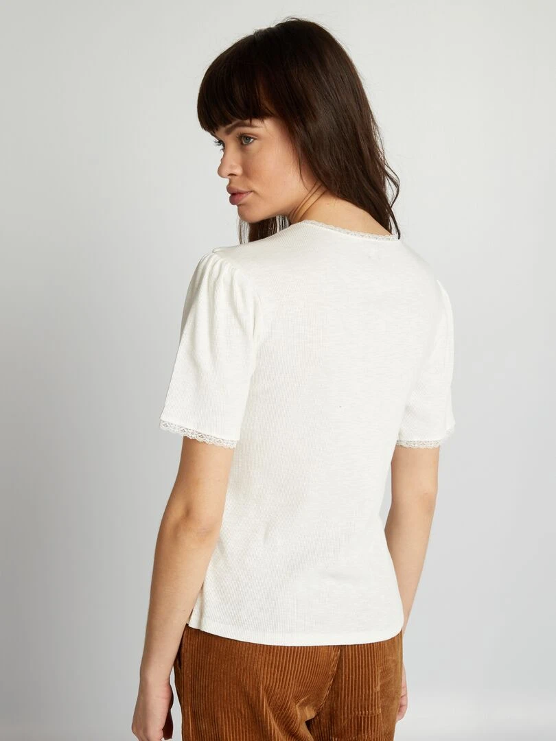 T shirt côtelé avec finition dentelle   blanc