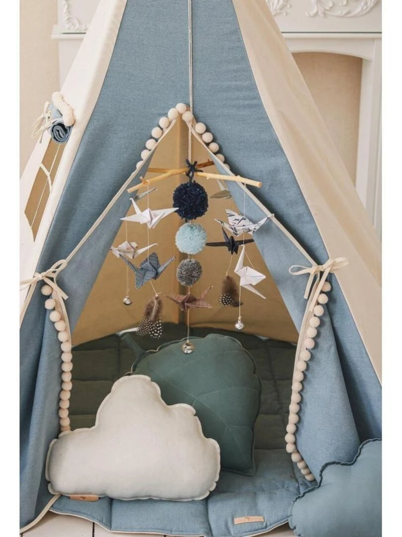 Tente Tipi Bleu Jean avec pompoms   Moi Mili   N/A