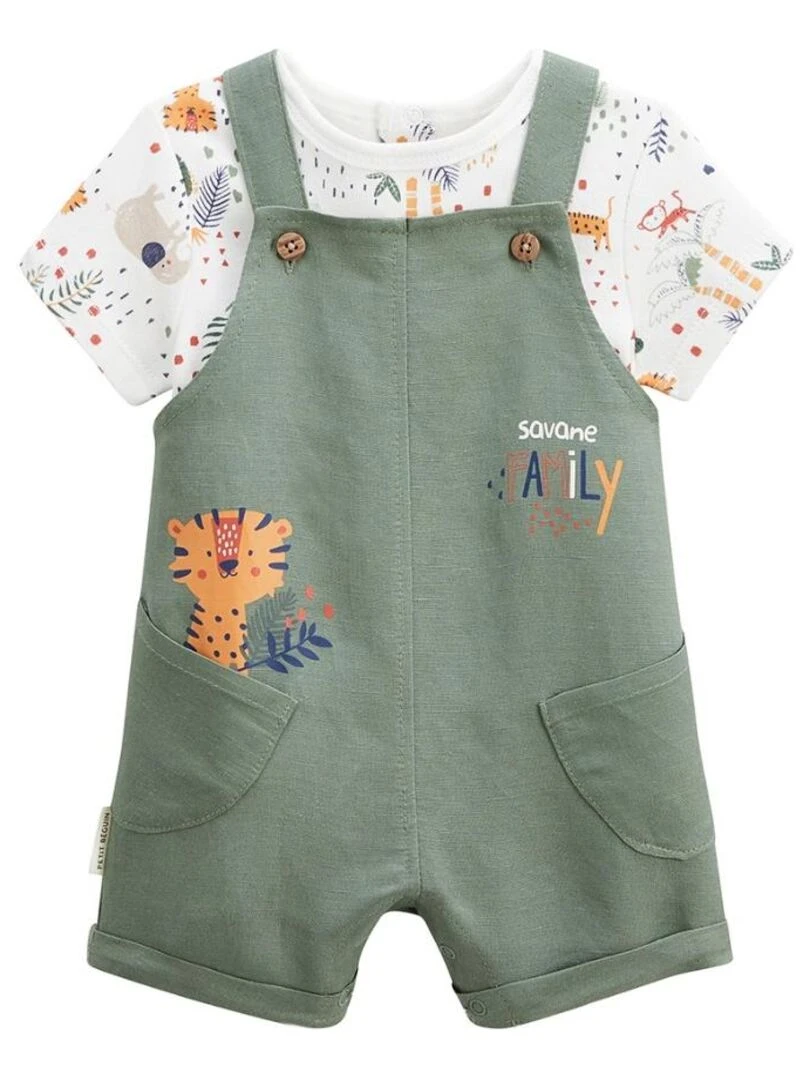 Ensemble salopette bébé en lin et t shirt Savane Family Kaki