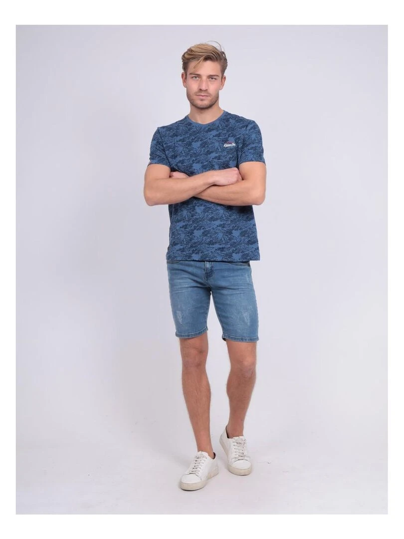 T shirt col rond pur coton motifs NOMERIC   Bleu