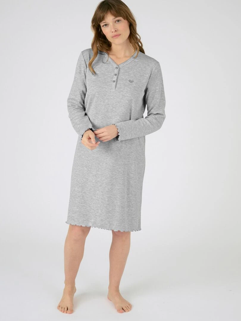 Chemise de nuit maille interlock côtelée douce et souple   Damart   Gris chiné