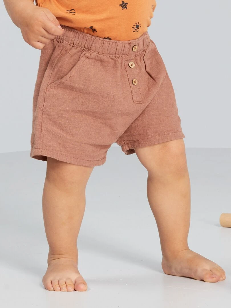 Short uni en coton et en lin Marron