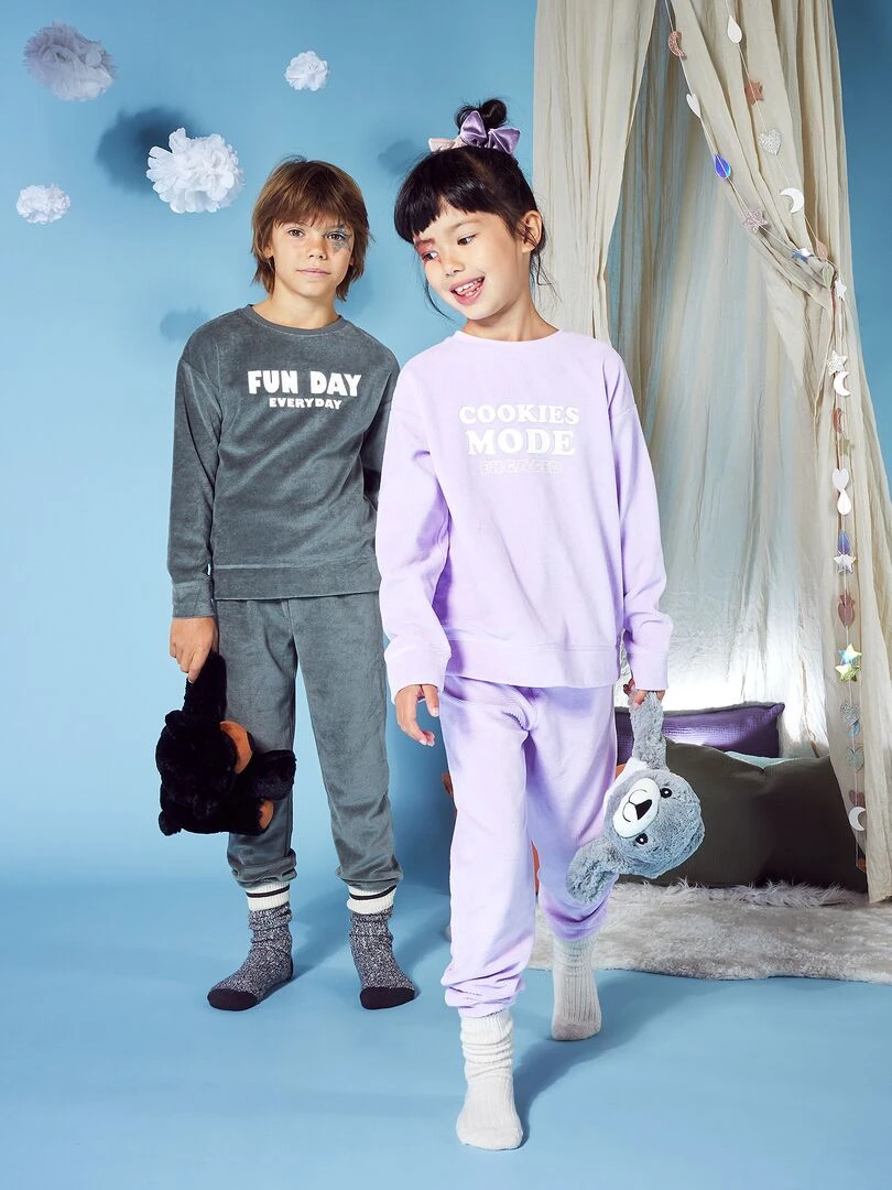Pyjama long velours à message 2 pièces Violet