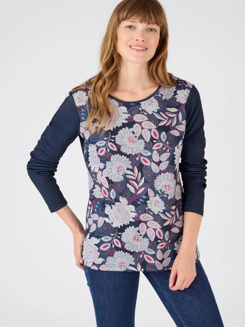 Tee shirt maille chaude fleuri Damart Bleu marine
