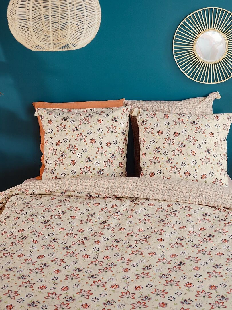 Parure de lit fleurie 2 personnes Beige
