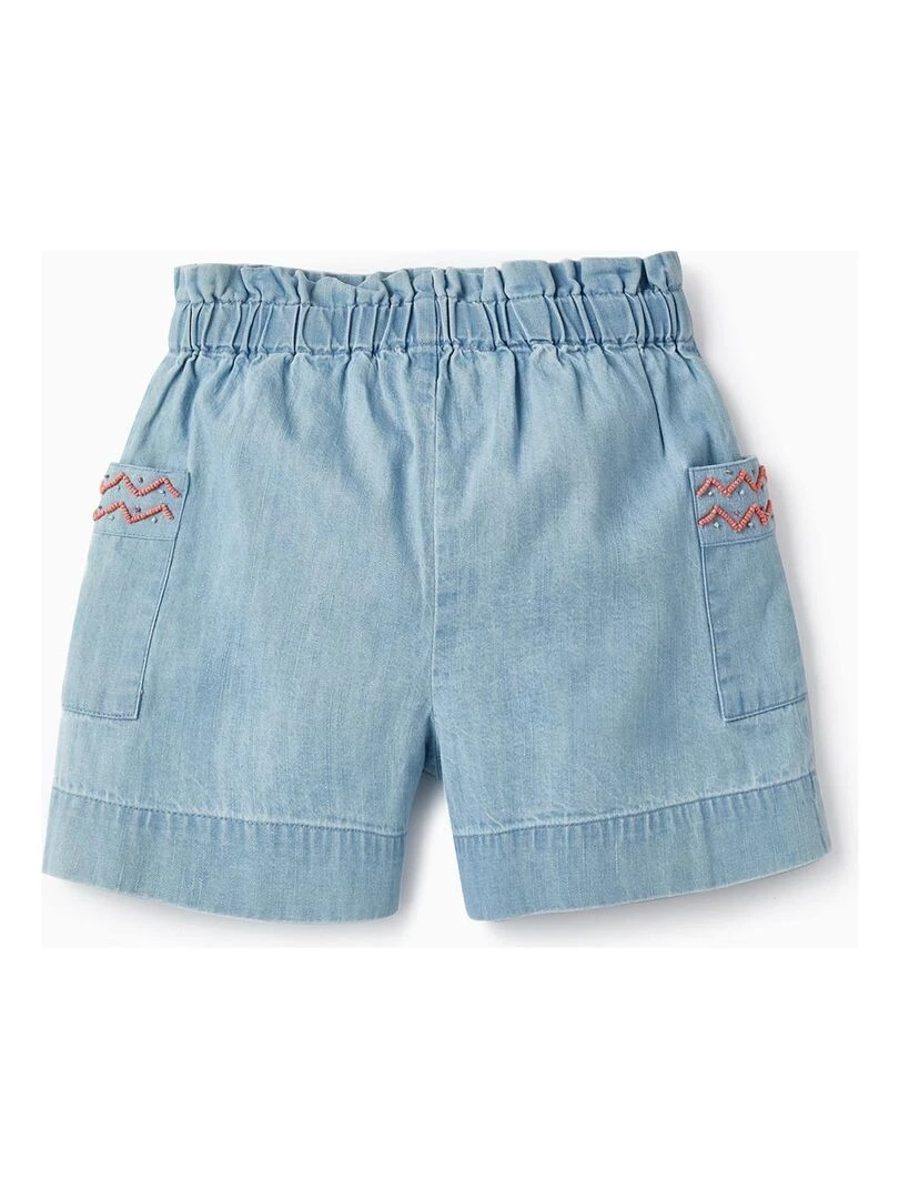Shorts Paperbag en Denim de Coton avec Perles pour Fille SICILIAN DAYS Bleu
