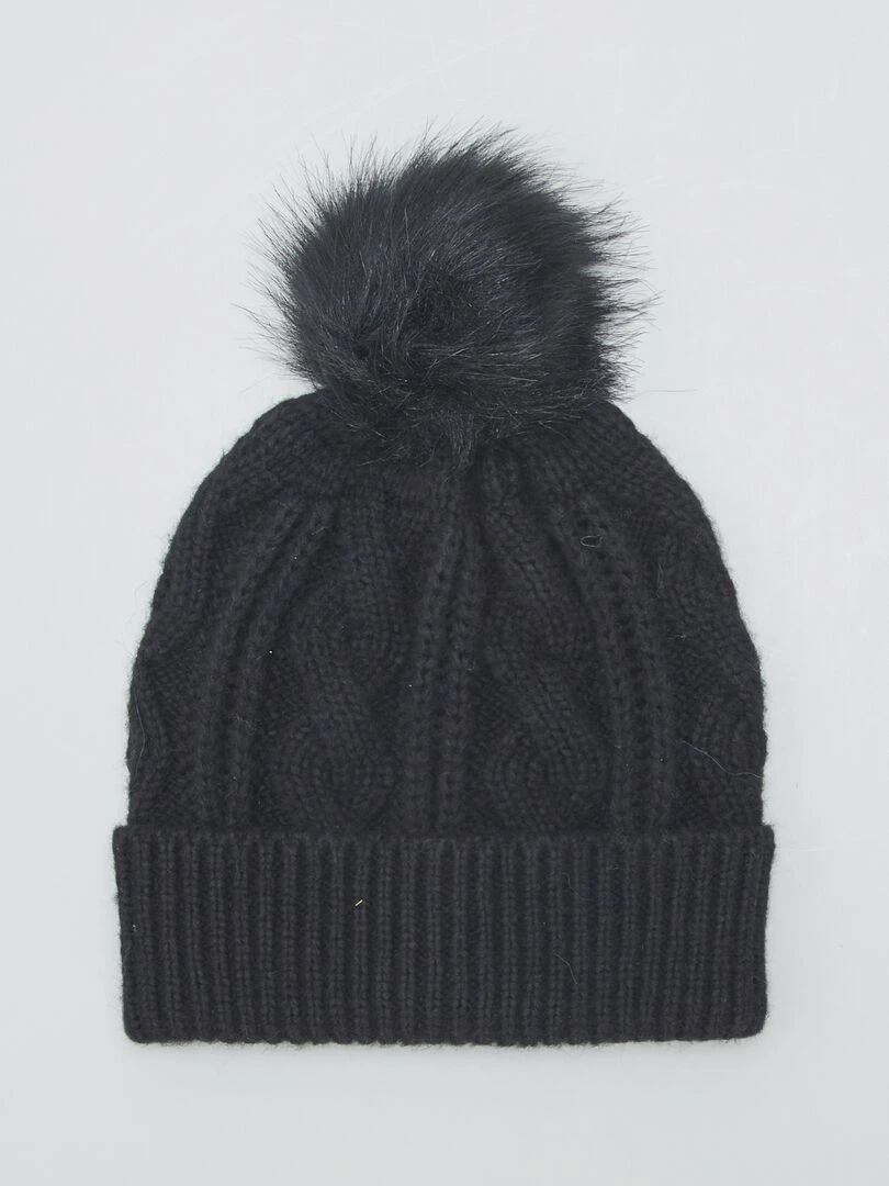 Bonnet torsadé à pompon Noir
