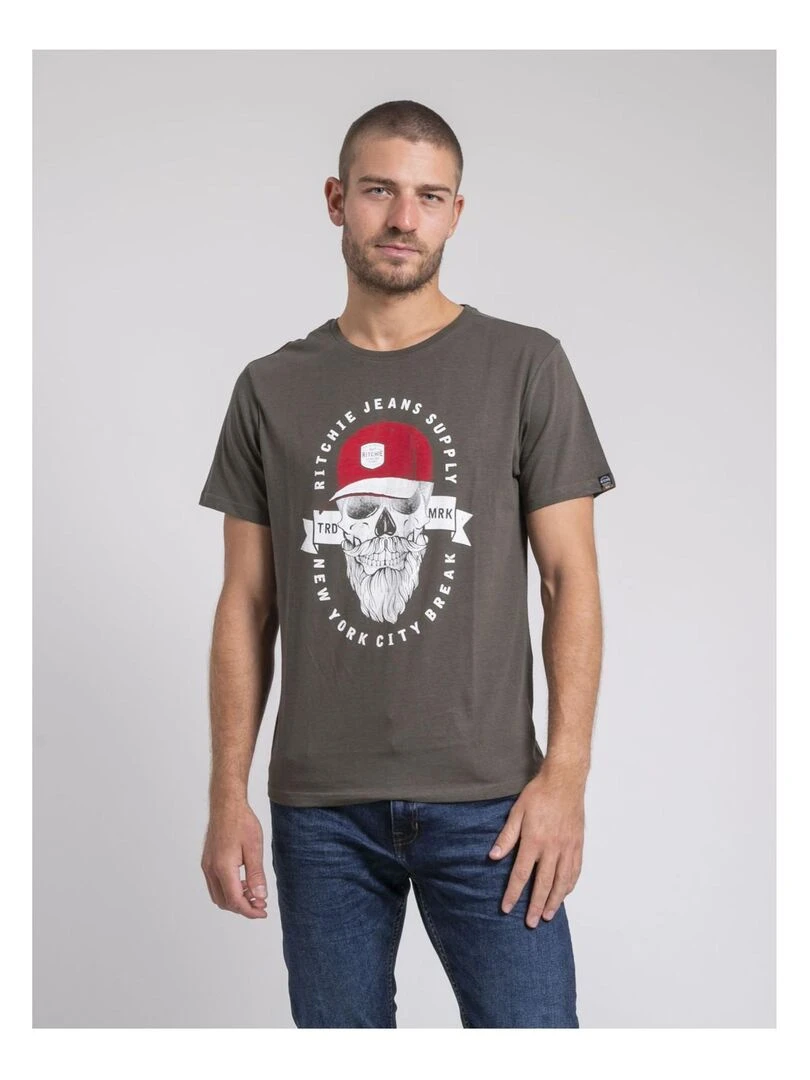 T shirt col rond pur coton JIMINAL Kaki