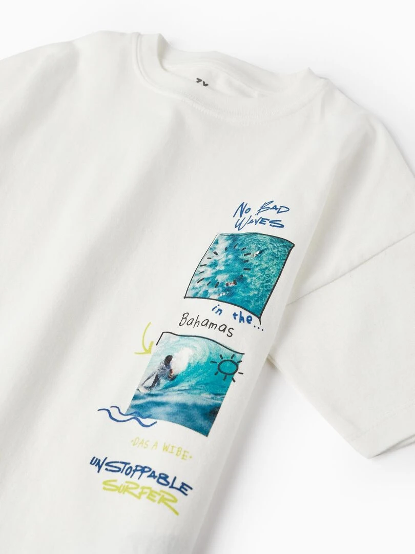 T shirt en coton pour garçon 'No Bad Waves' manches courtes   Blanc