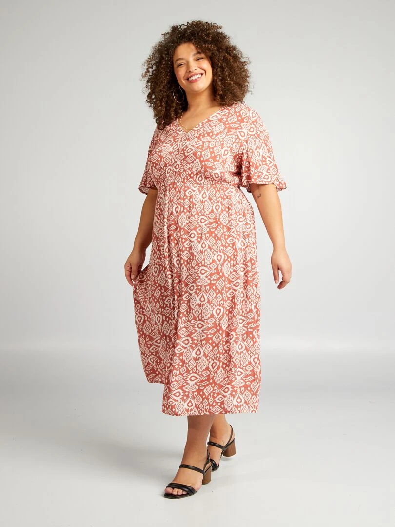 Robe midi stretch avec manches papillon Marron