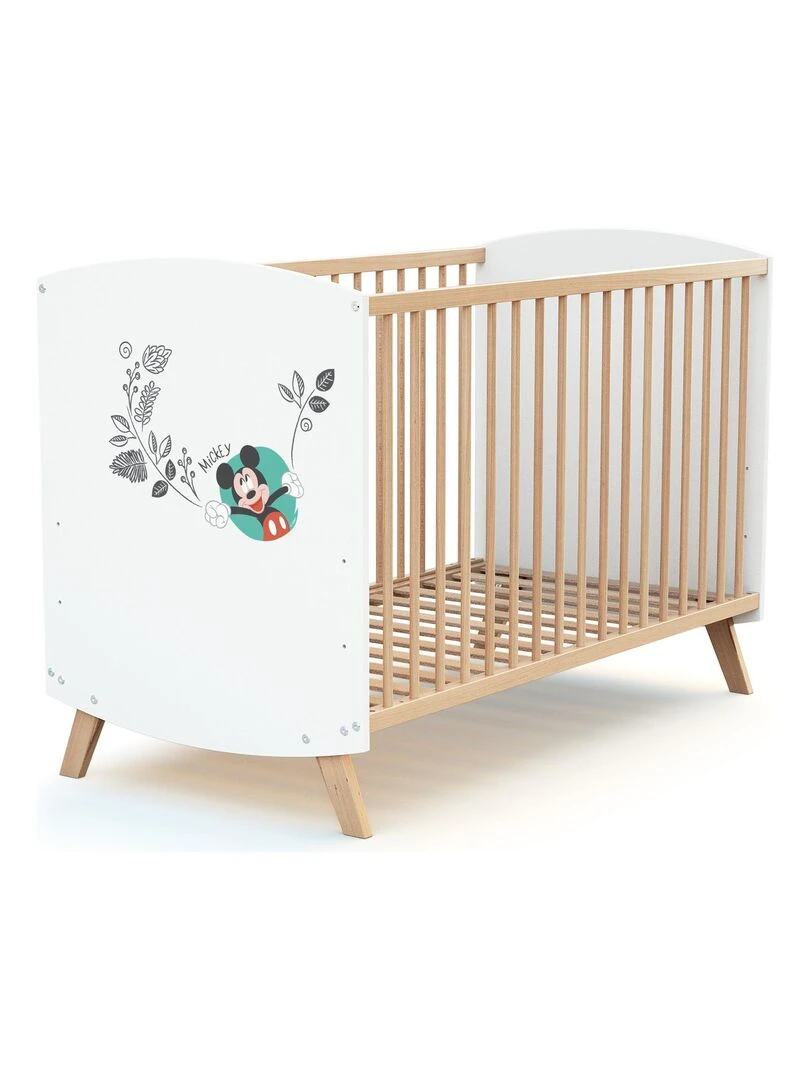 AT4    Lit bébé Disney Doodle Zoo Mickey en bois Blanc et Hêtre 60 x 120 cm   Marron clair