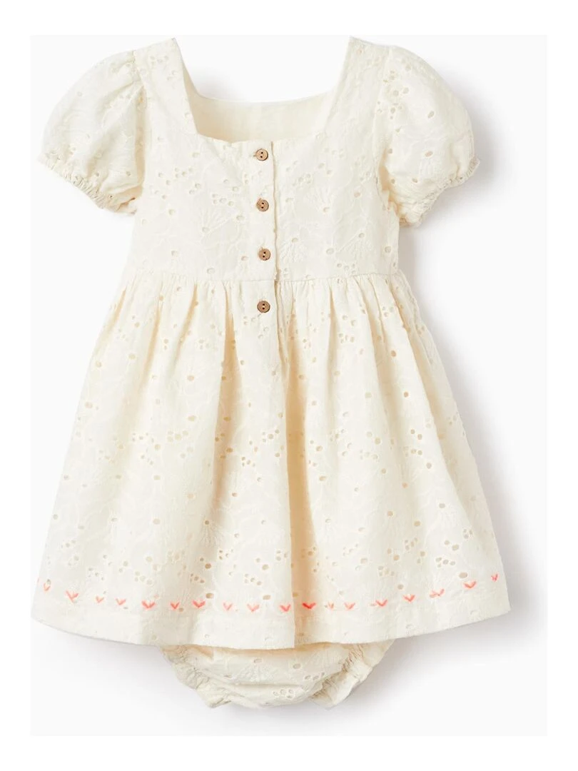 Robe + Bloomer Avec Broderie Anglaise Pour Bébé Fille manches courtes Blanc