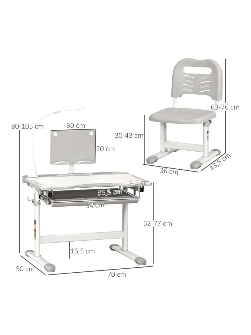 Bureau enfant avec chaise réglables lampe et support inclus   Gris