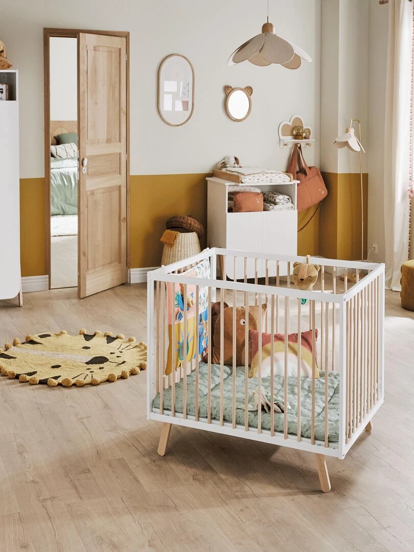 AT4    Parc bébé en bois PIRATE Blanc et Hêtre Verni 80 x 100 cm   Blanc Marron