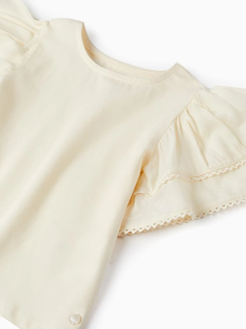 T Shirt En Coton Avec Volants Et Dentelle Pour Fille manches courtes BROTHERS&SISTERS   Beige clair